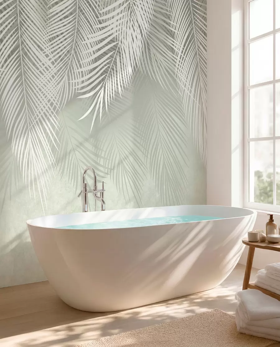 wall murals White palms of branches on a green background u74489