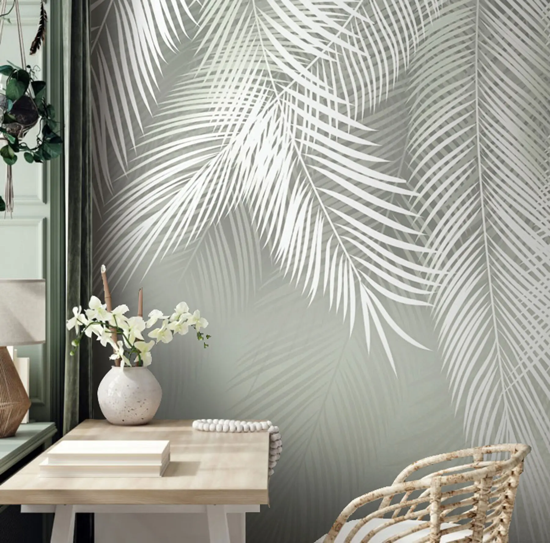 Wall Mural Photo Wallpaper White palms of branches on a green background u74489