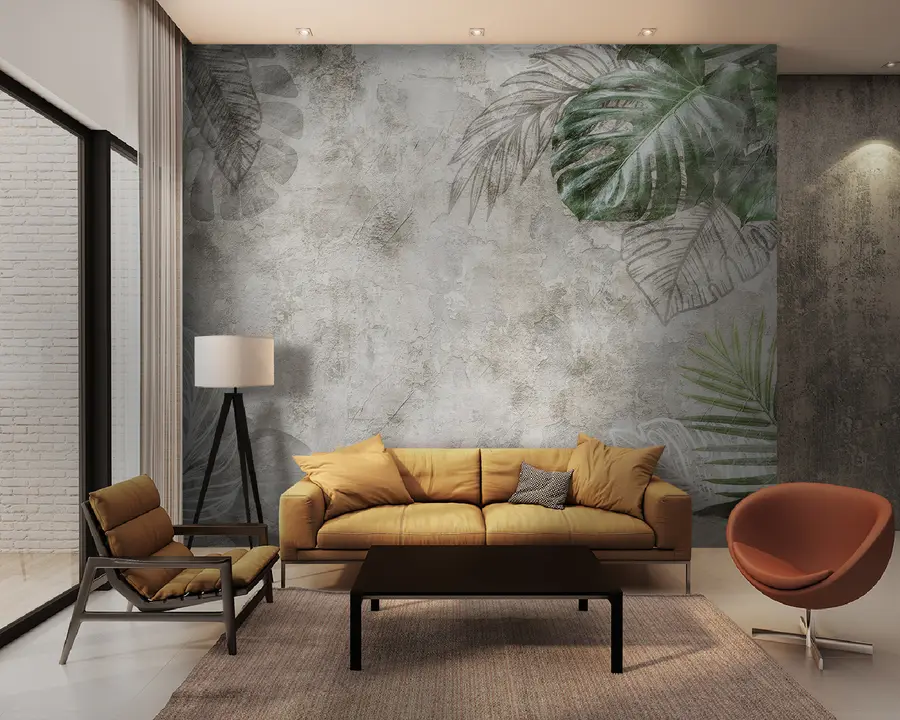 murales Hojas tropicales en una pared envejecida u93964