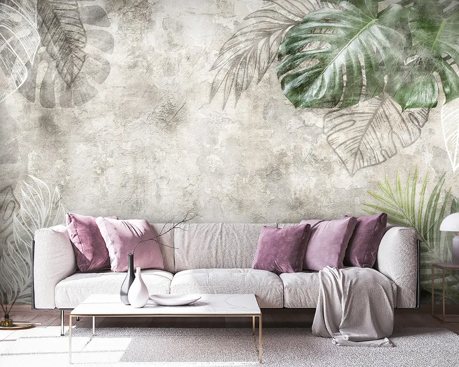 Wall Mural Photo Wallpaper Tropical leaves on an aged wall u93964