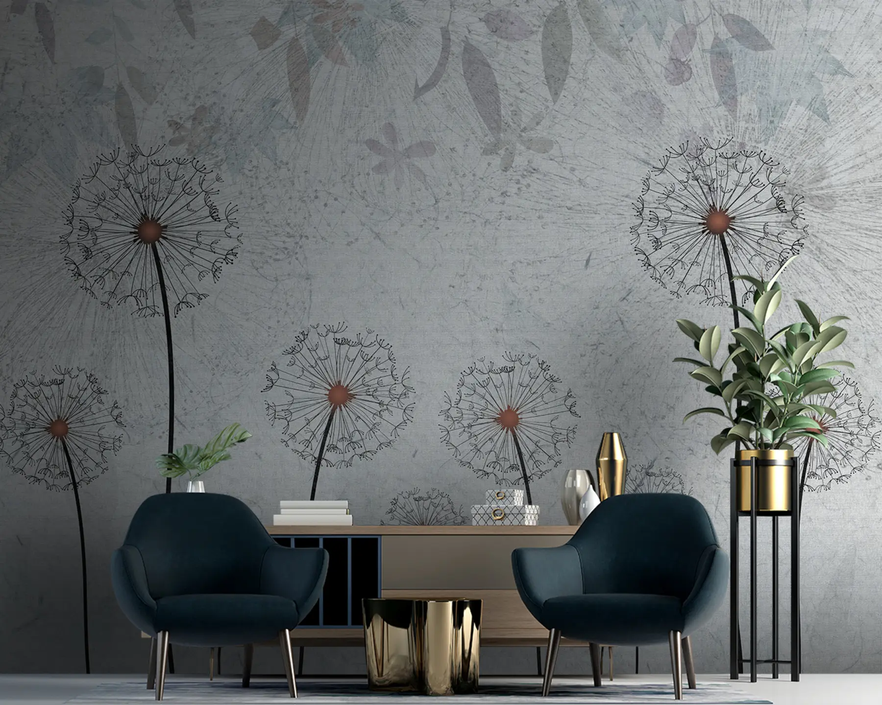 peintures murales Pissenlits sur fond gris clair u93968