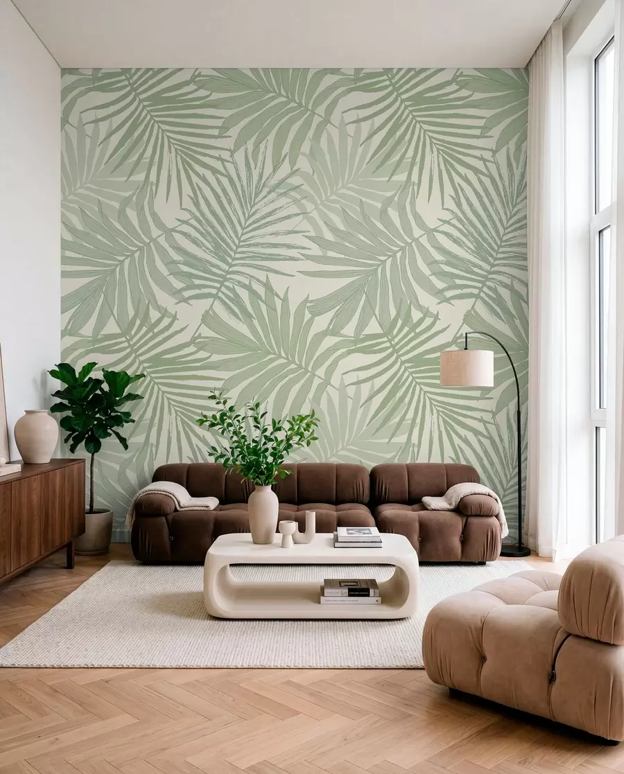 wall murals Tropical foliage in pastel olive-green tones u74826