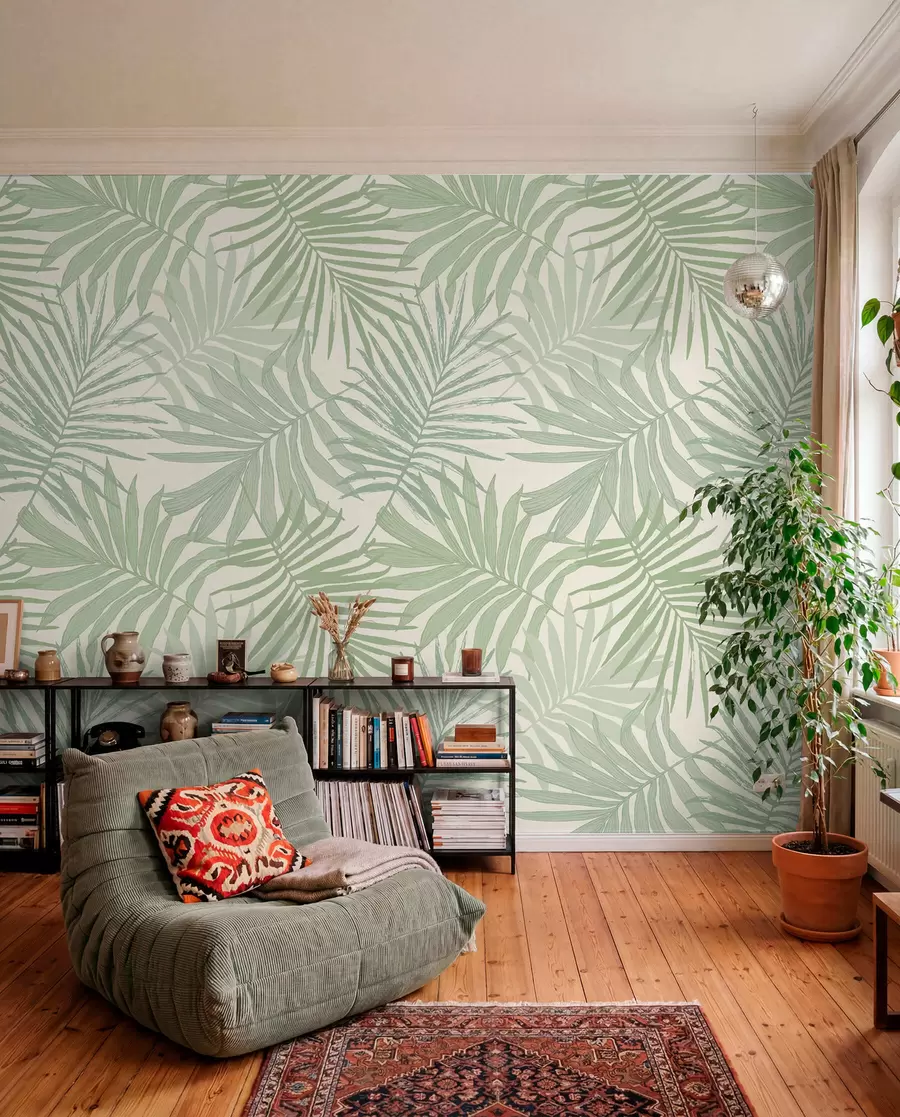 wall murals Tropical foliage in pastel olive-green tones u74826