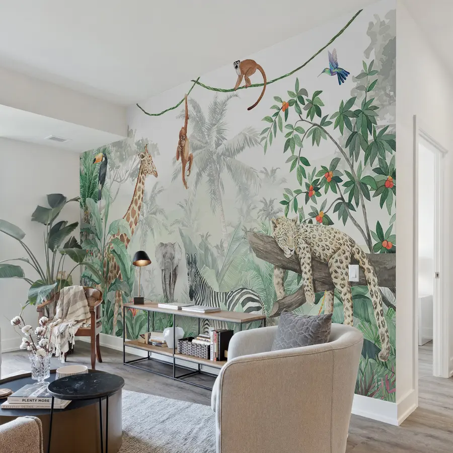 PrintSky Jungle Wall Mural – Watercolor Animals Photo Wallpaper For Kids' Nursery Or Playroom (366x254cm)