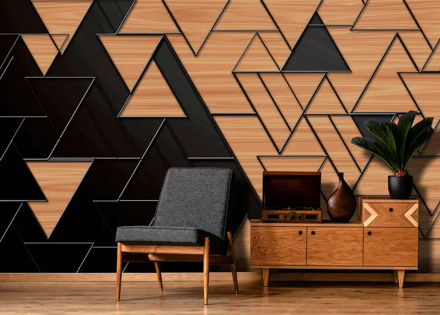 wall murals 3D dark gray and wood grain triangles with embossed lines u75167