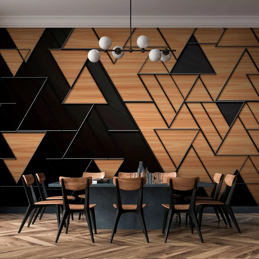 murales triángulos 3D gris oscuro y veteado de madera con líneas en relieve u75167
