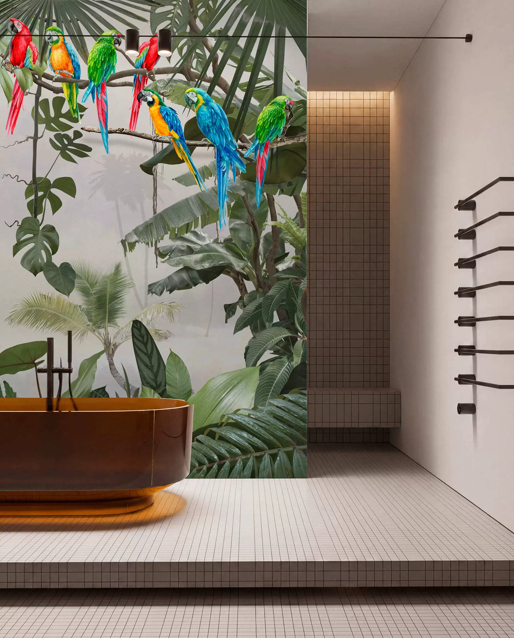 wall murals Parrots on branches in the tropical forest u94072
