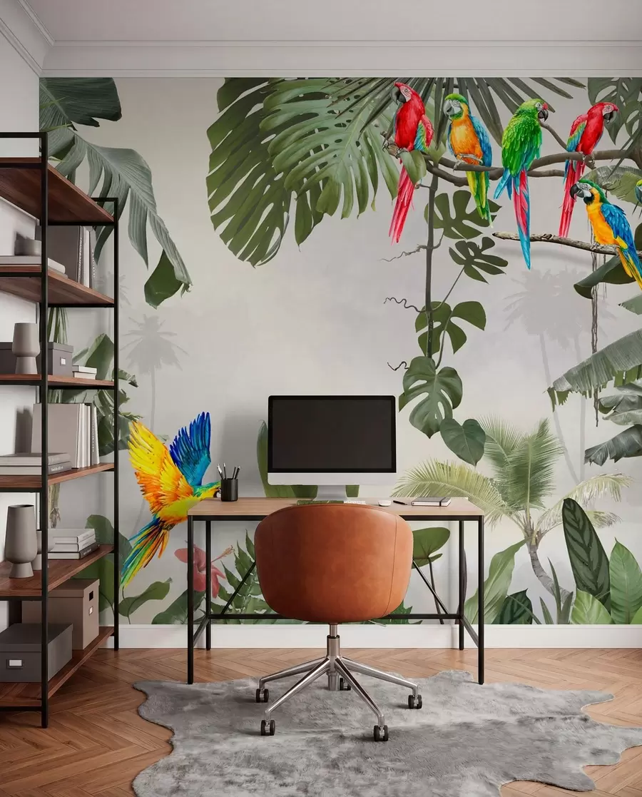 wall murals Parrots on branches in the tropical forest u94072