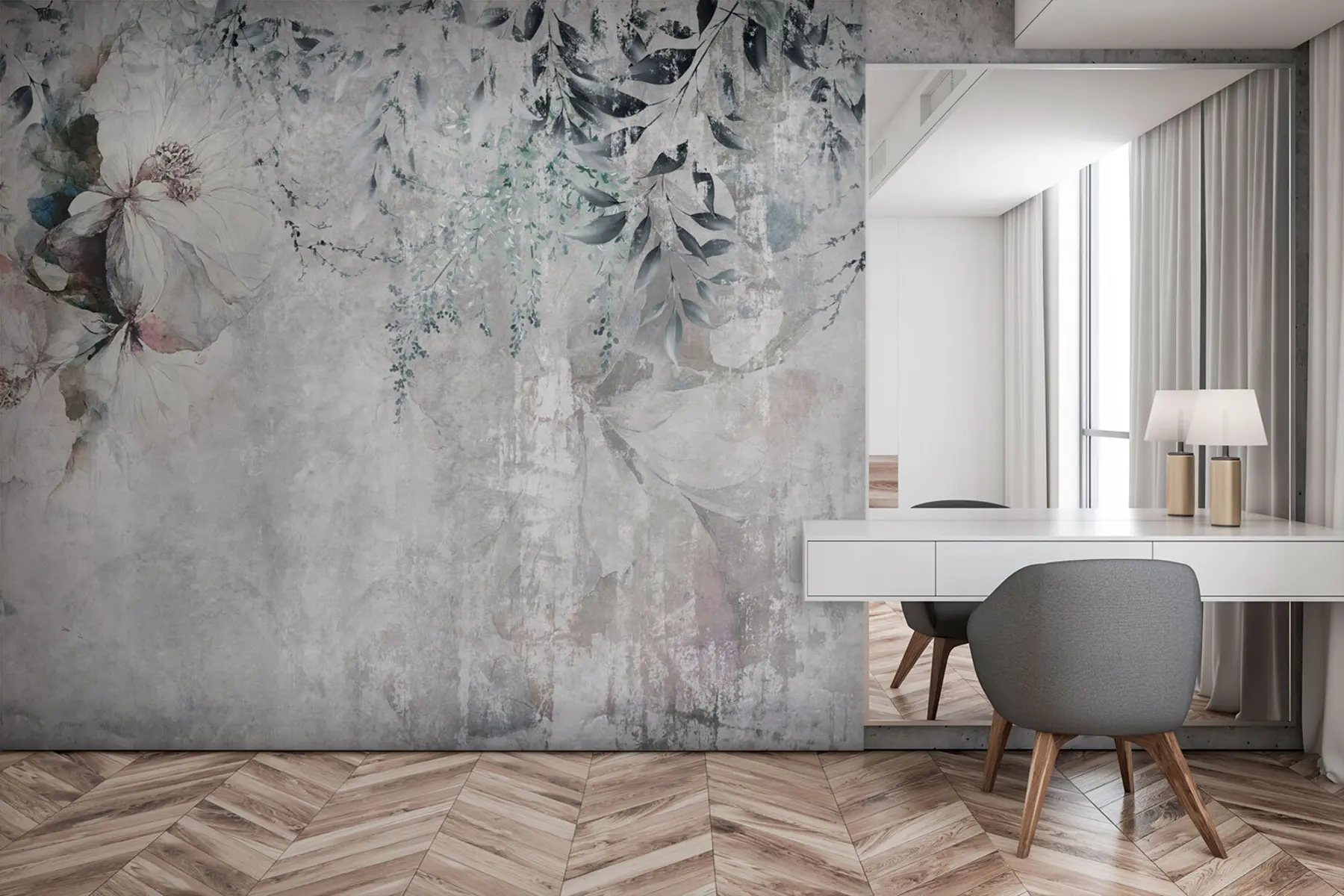 peintures murales Style grunge avec des branches et des bourgeons blancs u74746