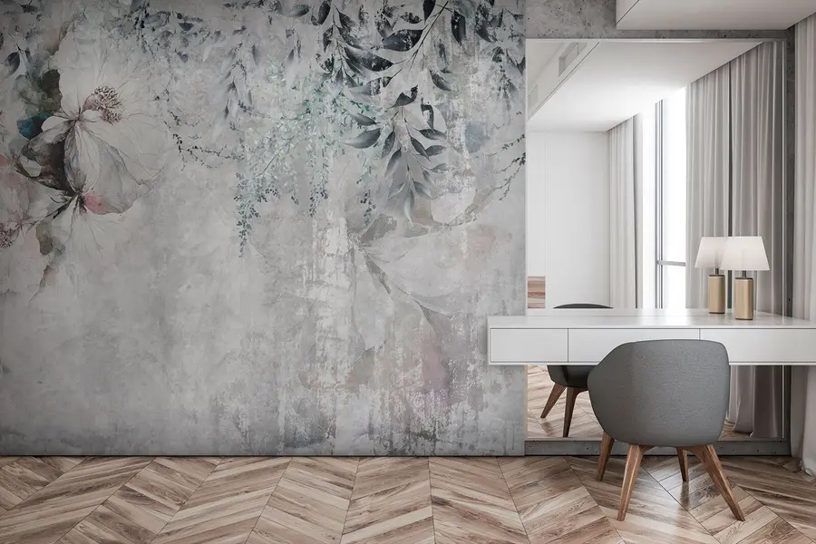 murales Estilo grunge con ramas y capullos blancos u74746