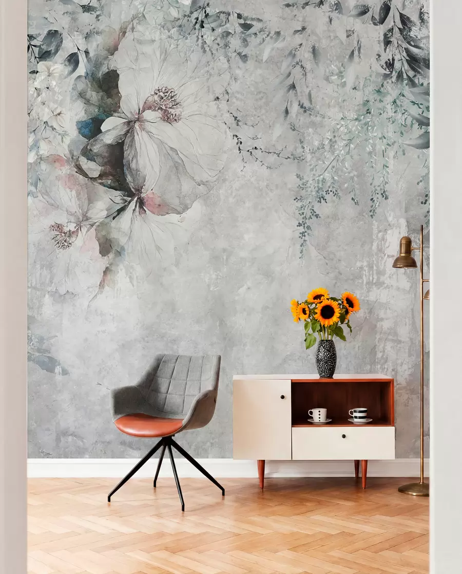 Wall Mural Photo Wallpaper Grunge style with branches and white buds u74746