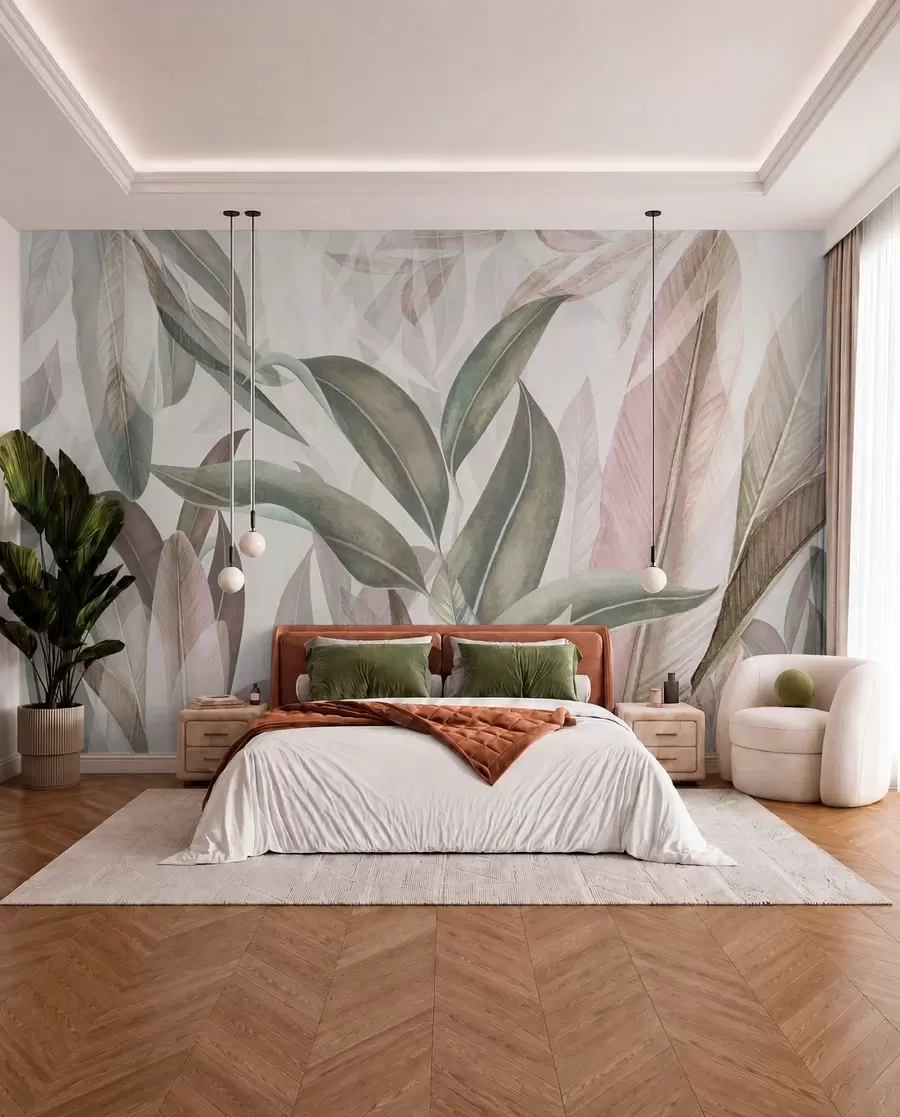 Wall Mural Photo Wallpaper Green and pink palm leaves u94302
