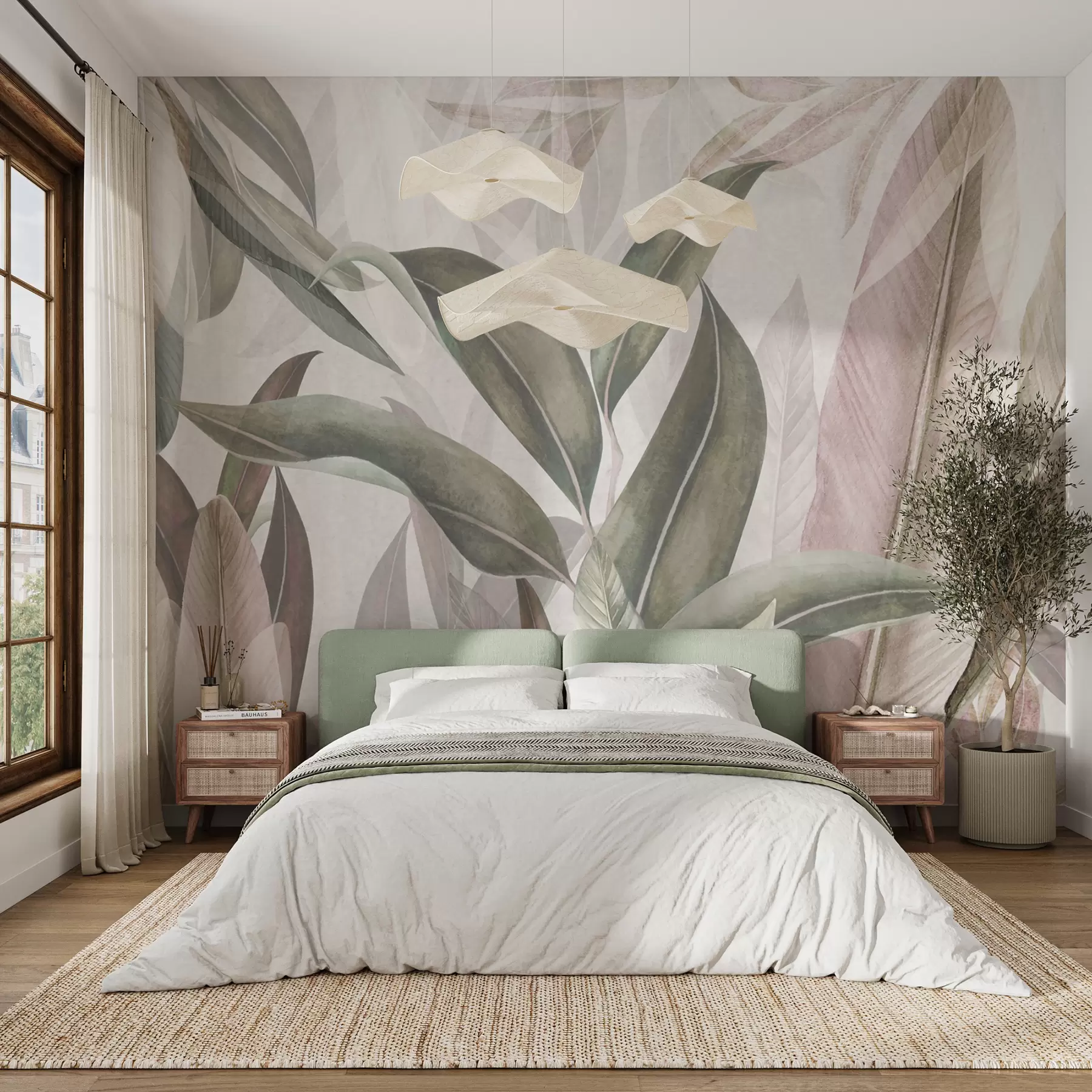 wall murals Green and pink palm leaves u94302