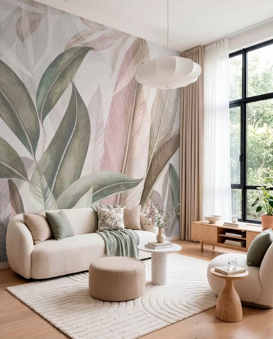 Wall Mural Photo Wallpaper Green and pink palm leaves u94302