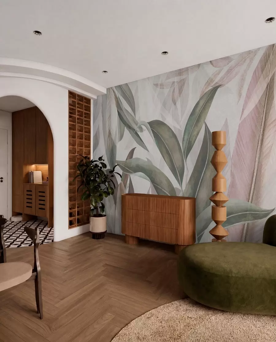 wall murals Green and pink palm leaves u94302