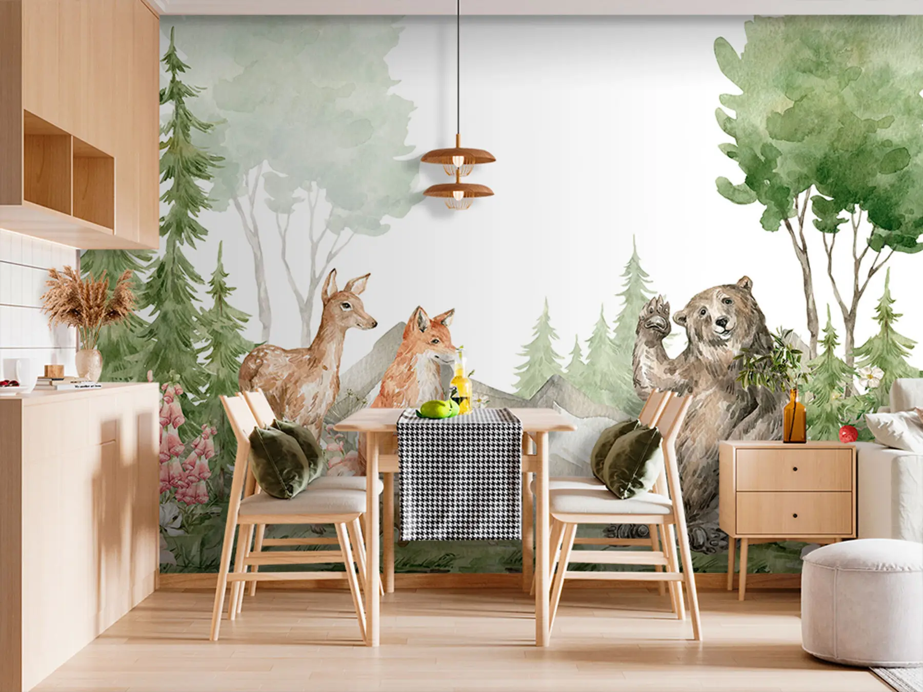 Wall Mural Photo Wallpaper Watercolor composition with forest animals and elements of nature u78735