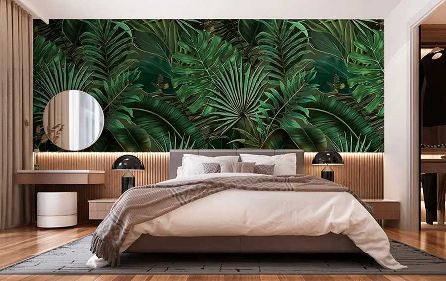 murales Motivo tropical con palmera verde tropical, hojas de plátano u94341