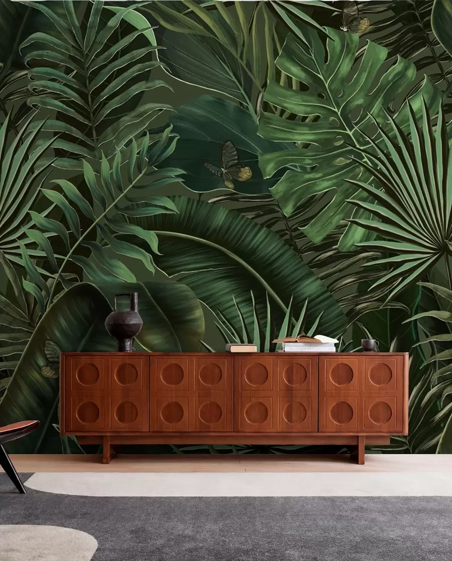 peintures murales Motif tropical avec palmier vert tropical, feuilles de bananier u94341