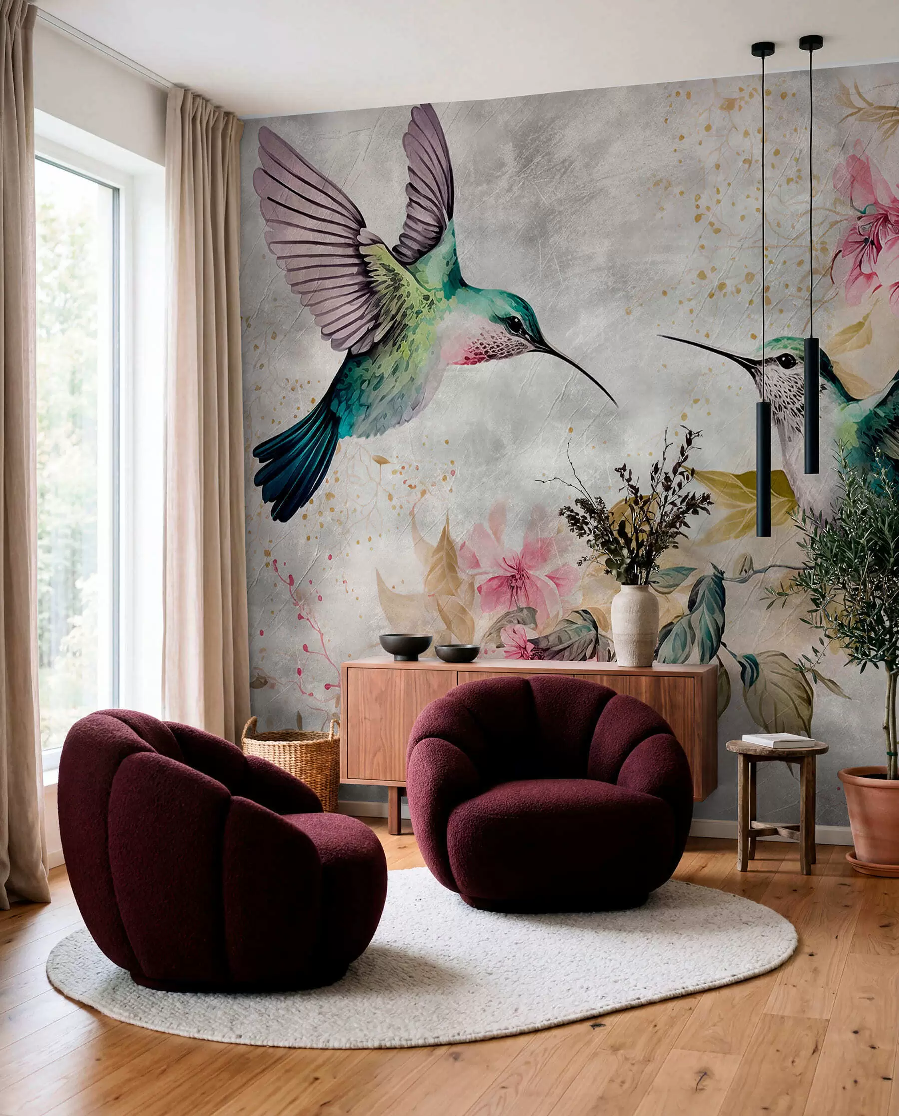Wall Mural Photo Wallpaper Watercolor hummingbirds on a branch u93994
