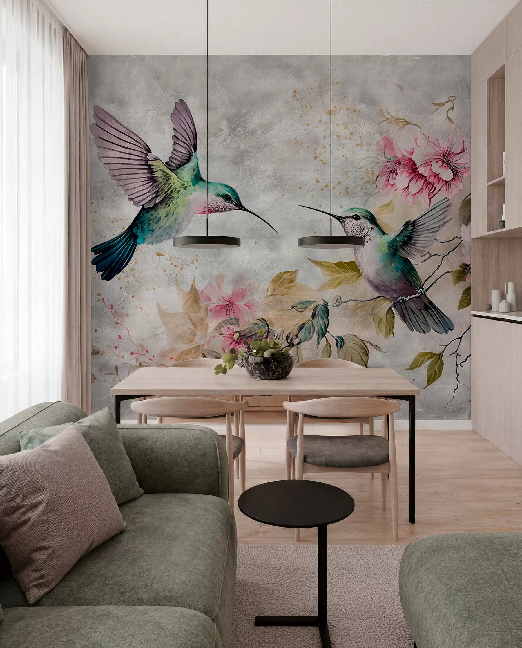 wall murals Watercolor hummingbirds on a branch u93994