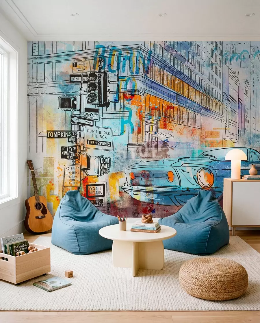 peintures murales Voiture bleue en graffiti u75814