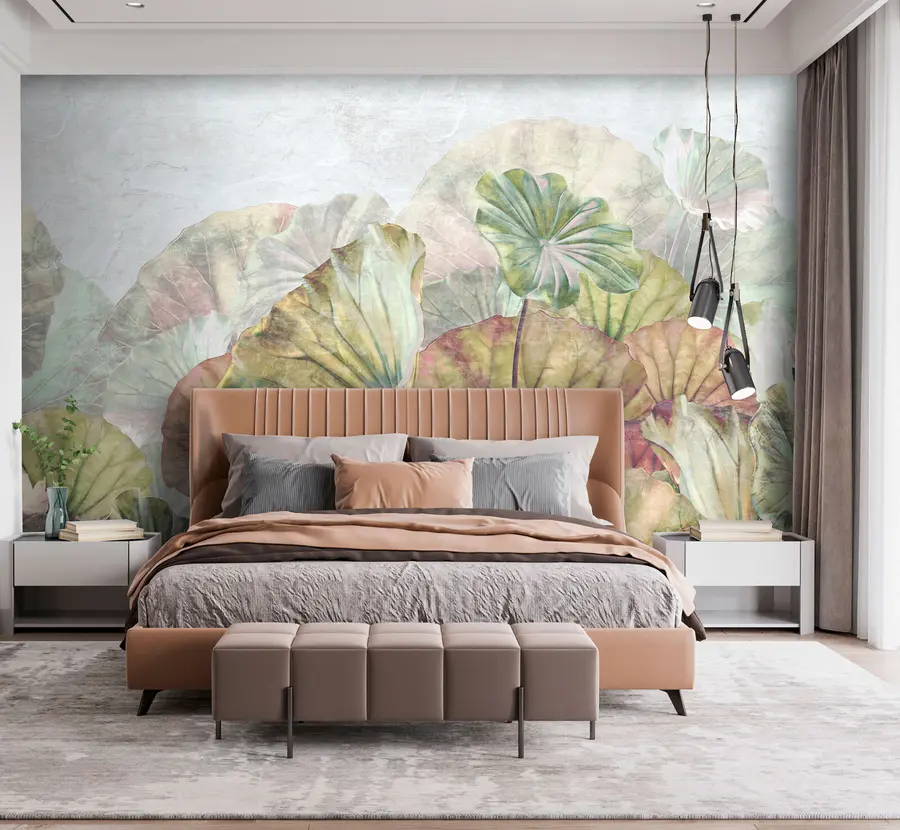 Wall Mural Photo Wallpaper Green water lilies and pink lilies with grunge texture u94272