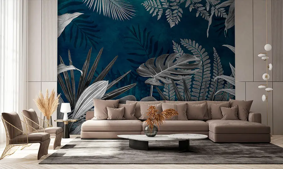 wall murals Tropical leaves on blue background in grunge style u94419