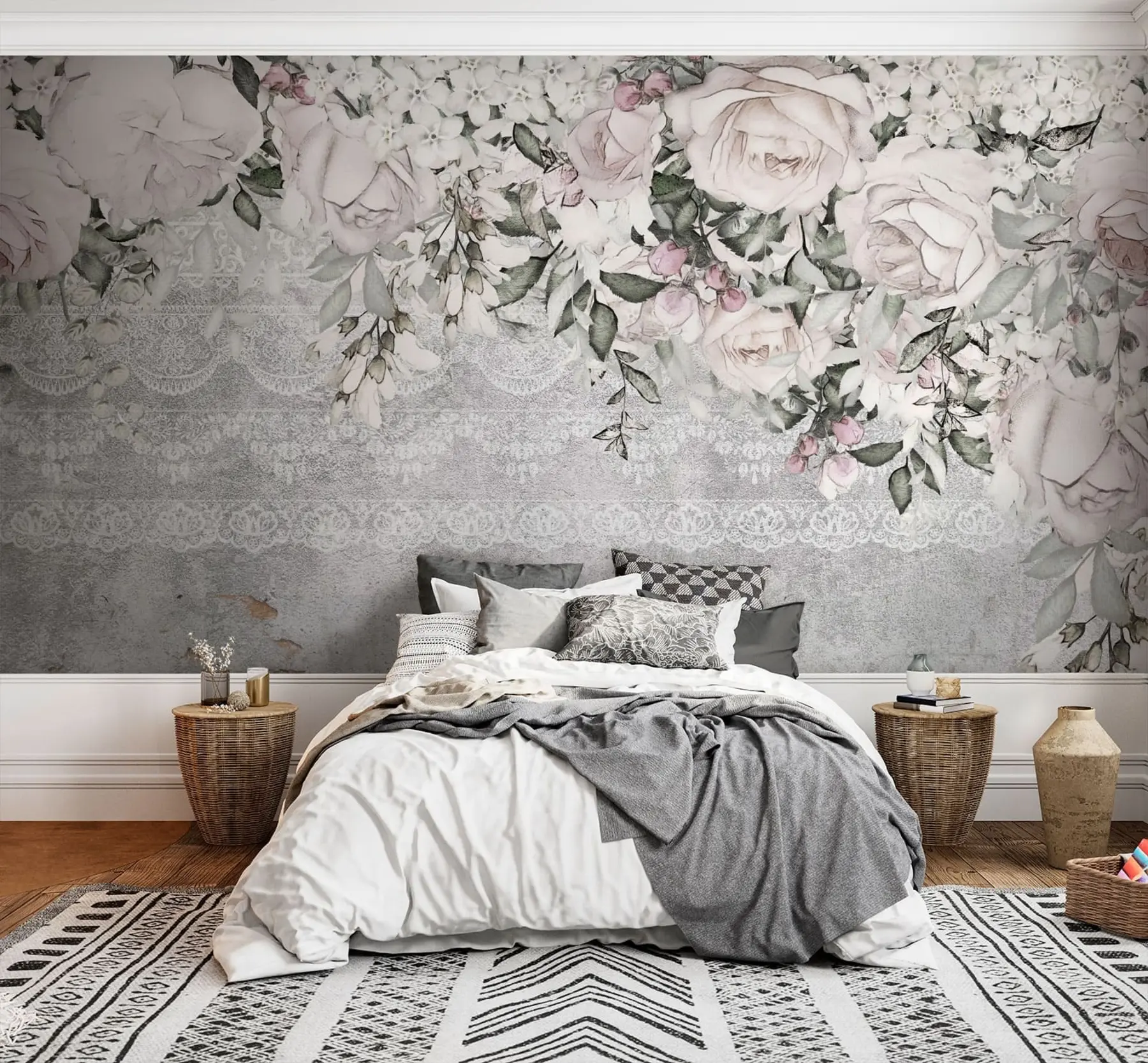 wall murals White vintage flowers and concrete background u94652