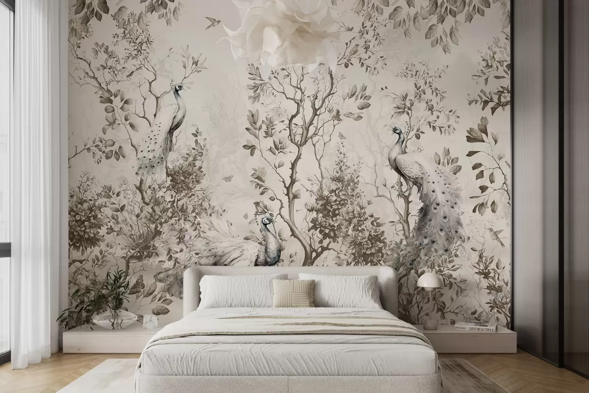 murales Un jardín con pájaros frágiles, pavos reales u94850