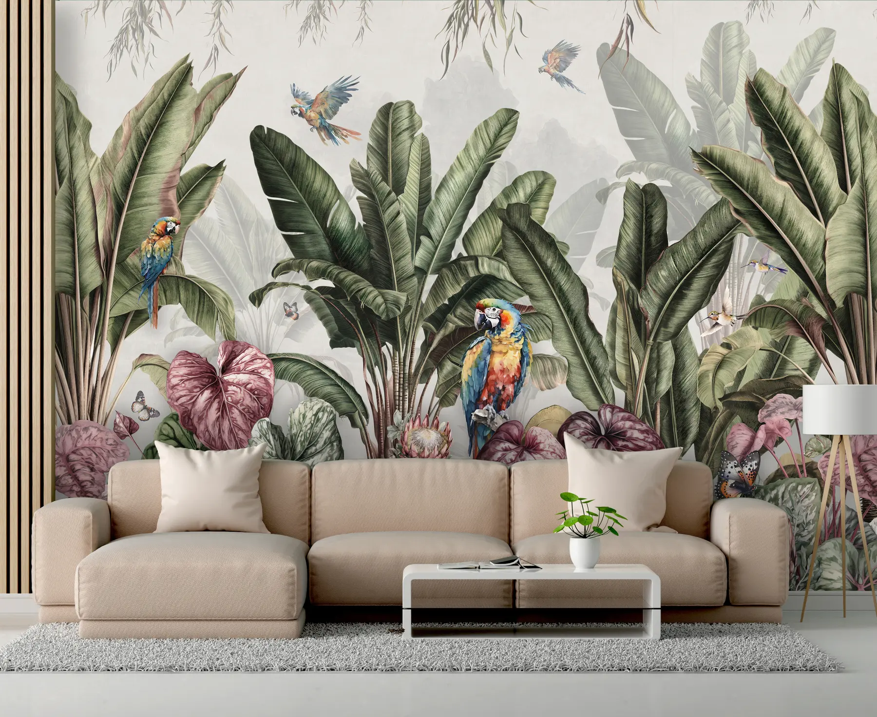 murais de parede Bananeiras tropicais em uma paisagem com araras e borboletas em estilo vintage u95371