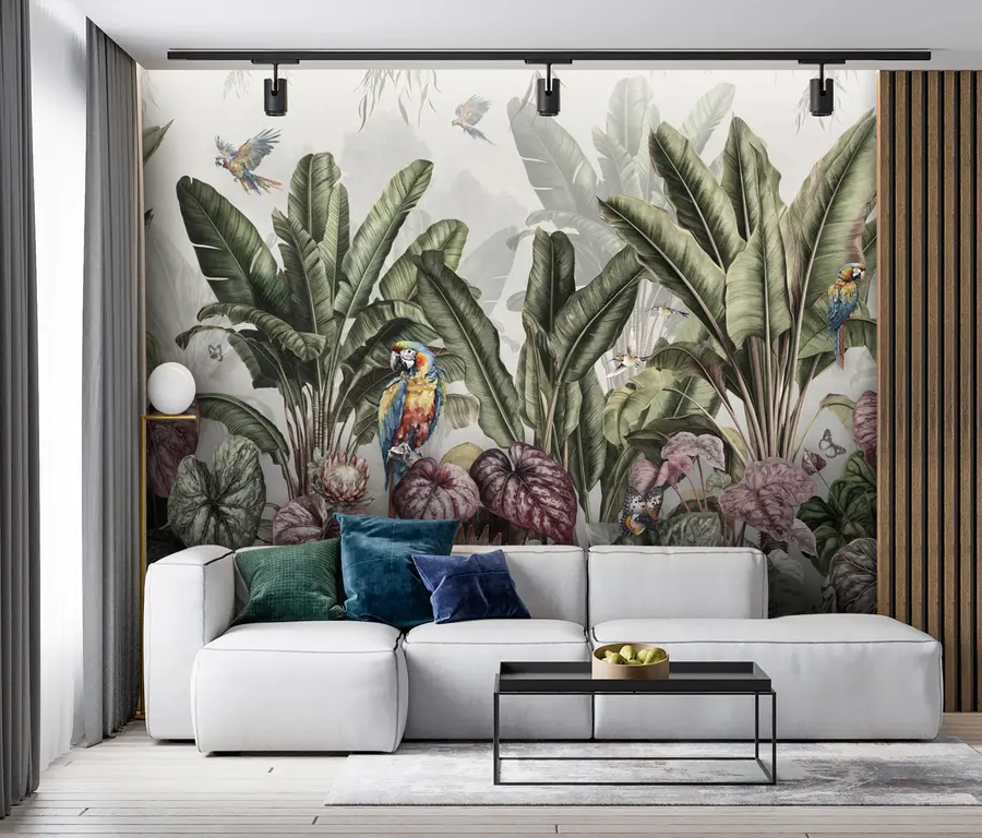 Wall Mural Photo Wallpaper Tropical banana palms in a landscape with macaws and butterflies in vintage style u95371