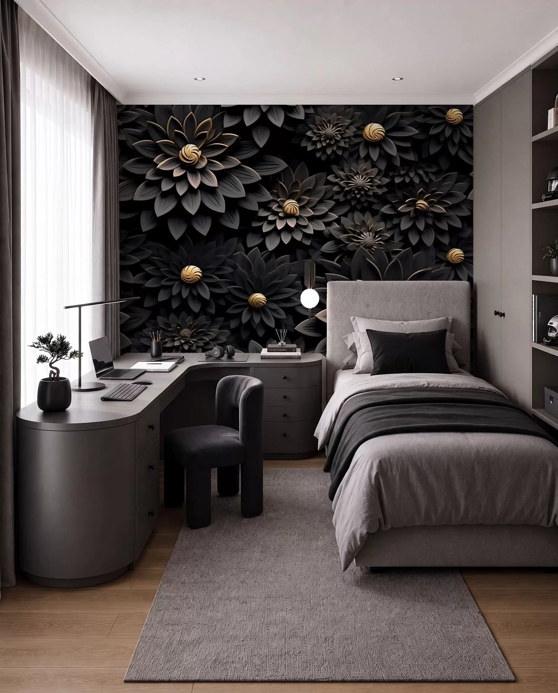peintures murales Fleurs noires avec effet 3D u95249