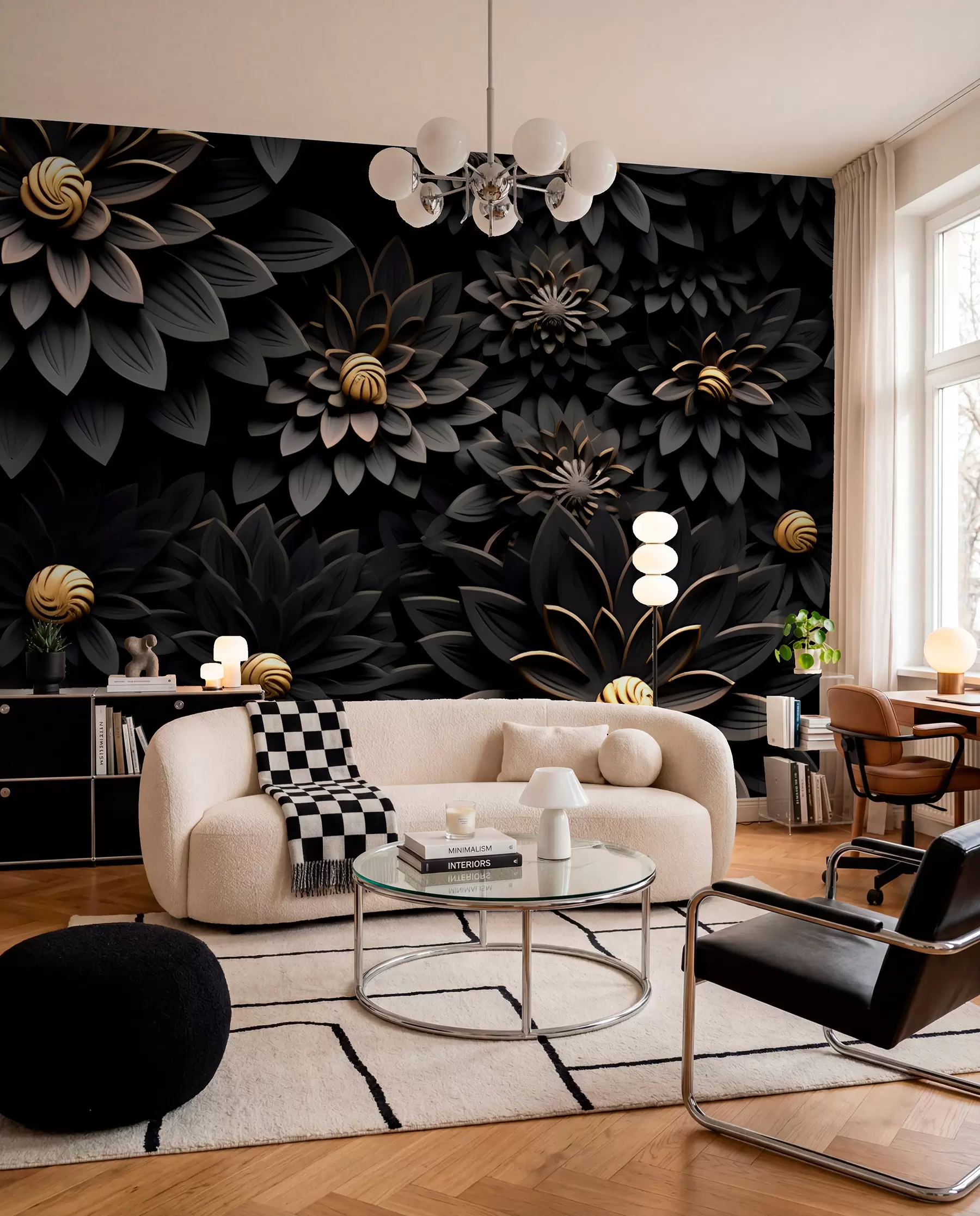 wall murals Black flowers with 3D effect u95249