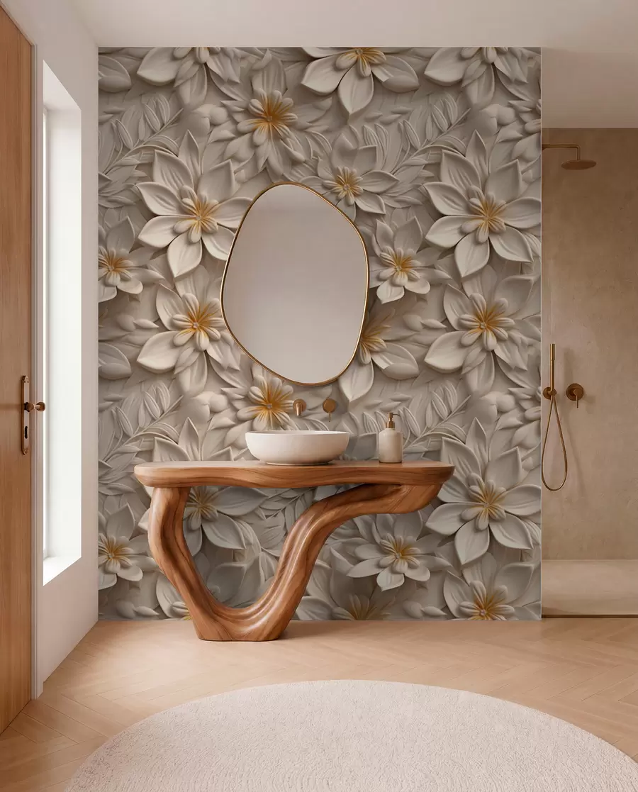 wall murals Scattering of white flowers with a 3D effect u95251