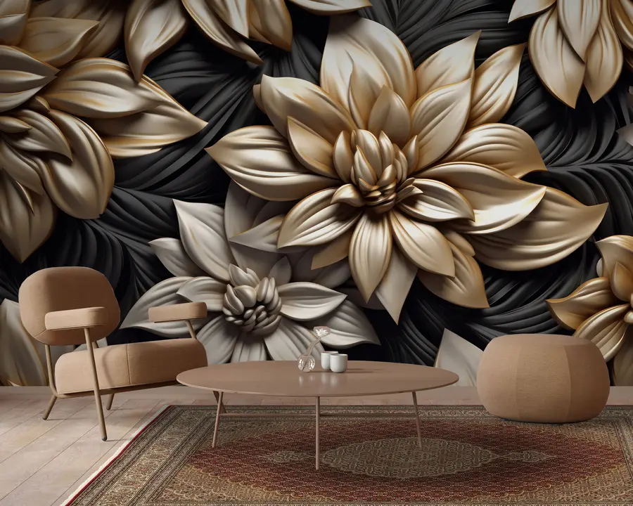 murales Flores negras con efecto 3D u95252