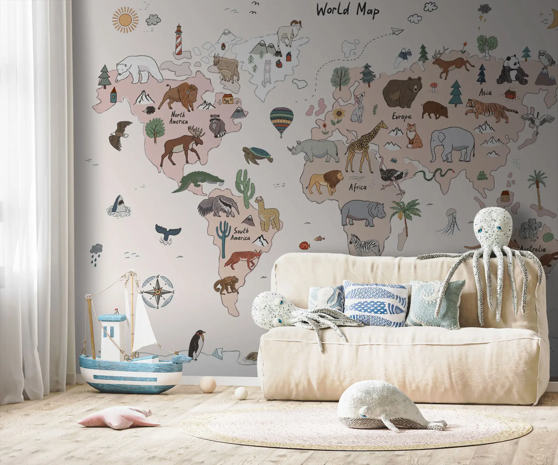 Wall Mural Photo Wallpaper Children's map of the world with animals u95028