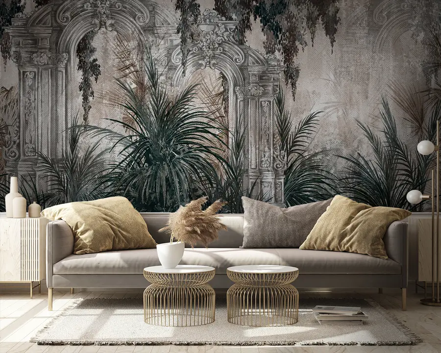 murales Arquitectura antigua con hojas tropicales u95500