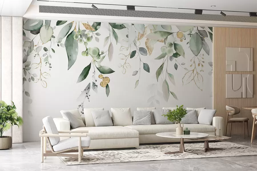 Wall Mural Photo Wallpaper Hanging eucalyptus leaves on a white background u95506