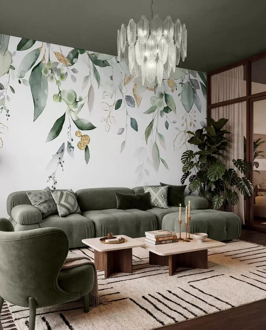 Wall Mural Photo Wallpaper Hanging eucalyptus leaves on a white background u95506