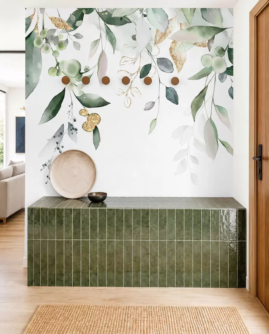 peintures murales Feuilles d'eucalyptus suspendues sur fond blanc u95506
