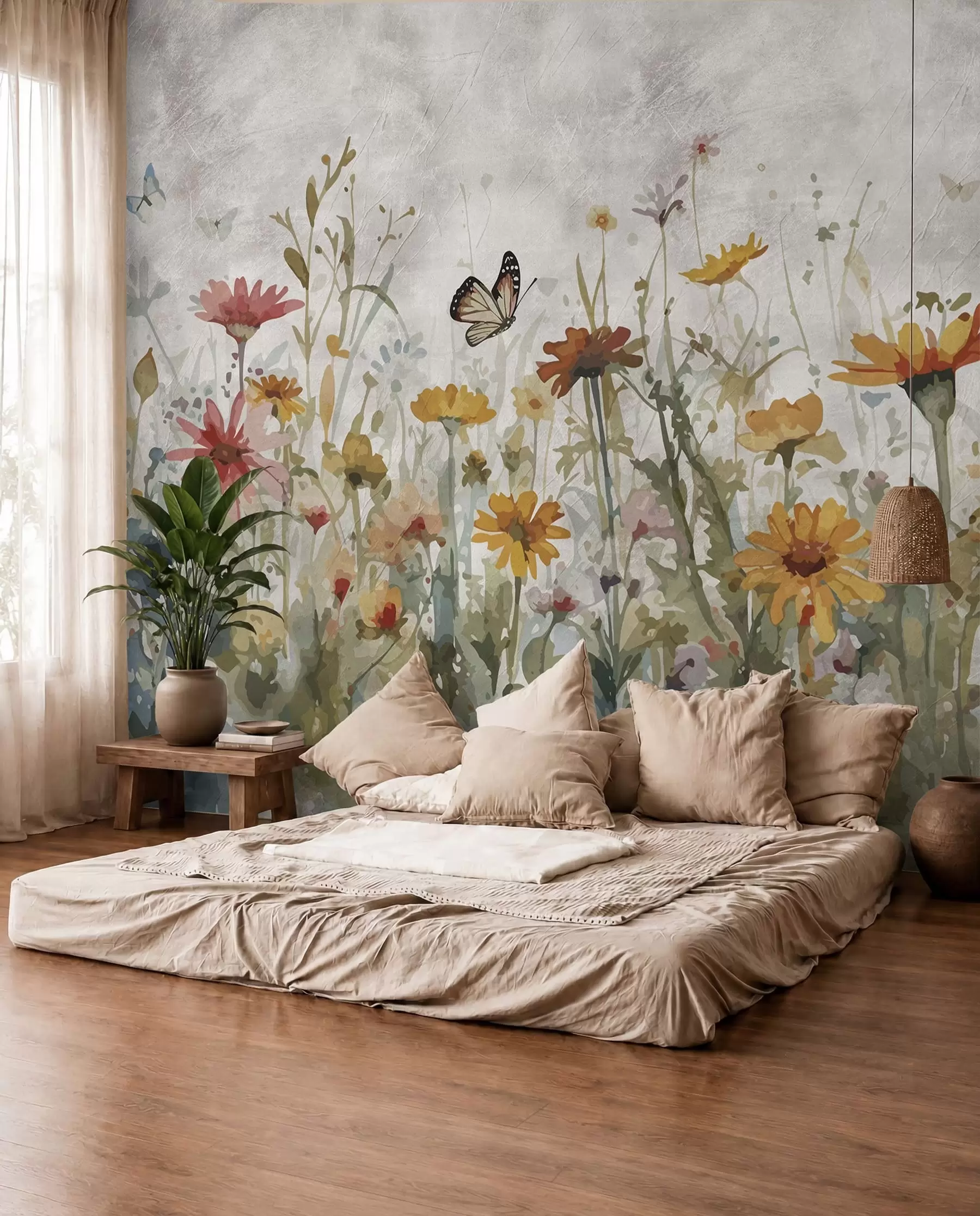 peintures murales Aquarelle de fleurs sauvages et de papillons u95406