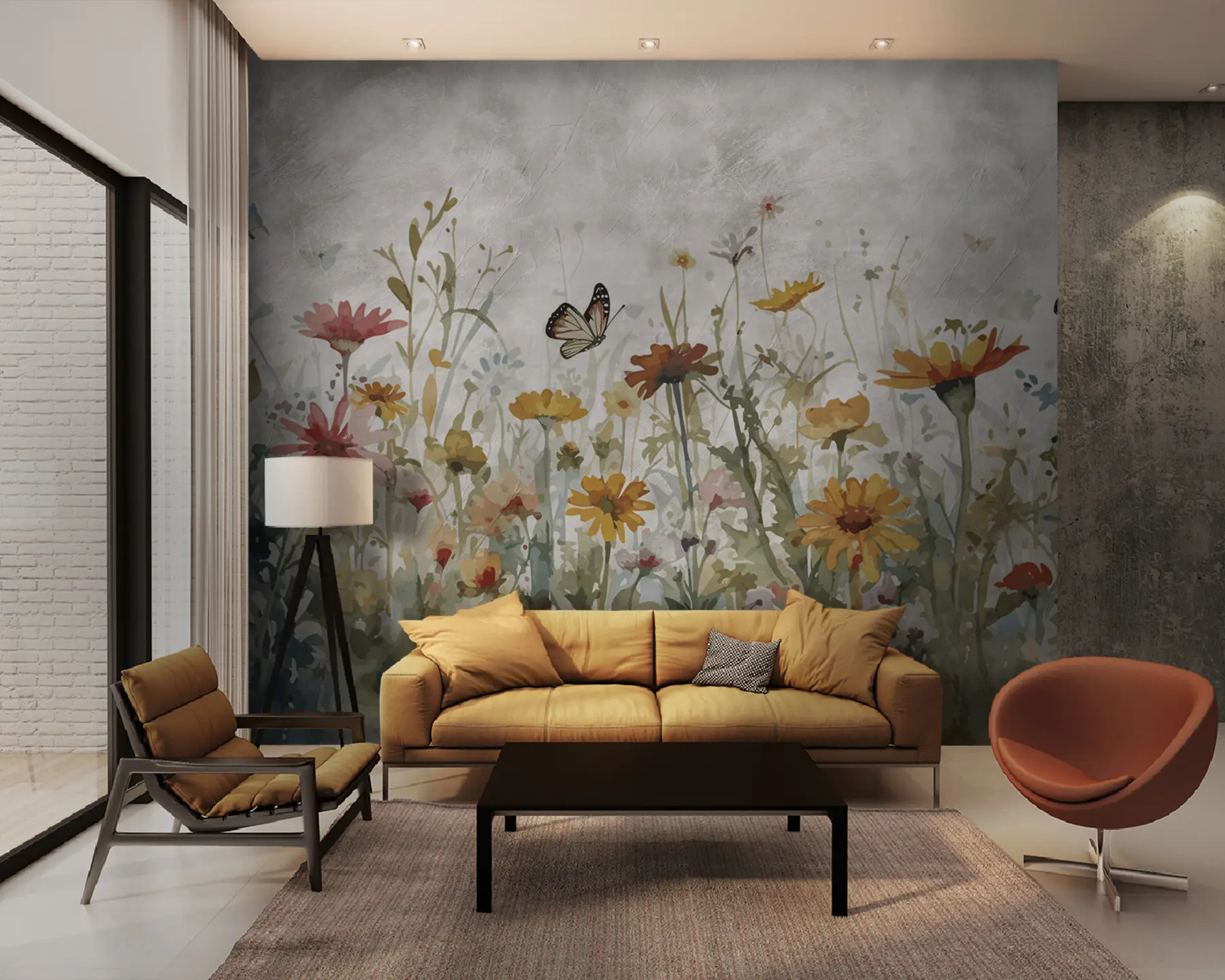 Wall Mural Photo Wallpaper Watercolor wildflowers and butterflies u95406