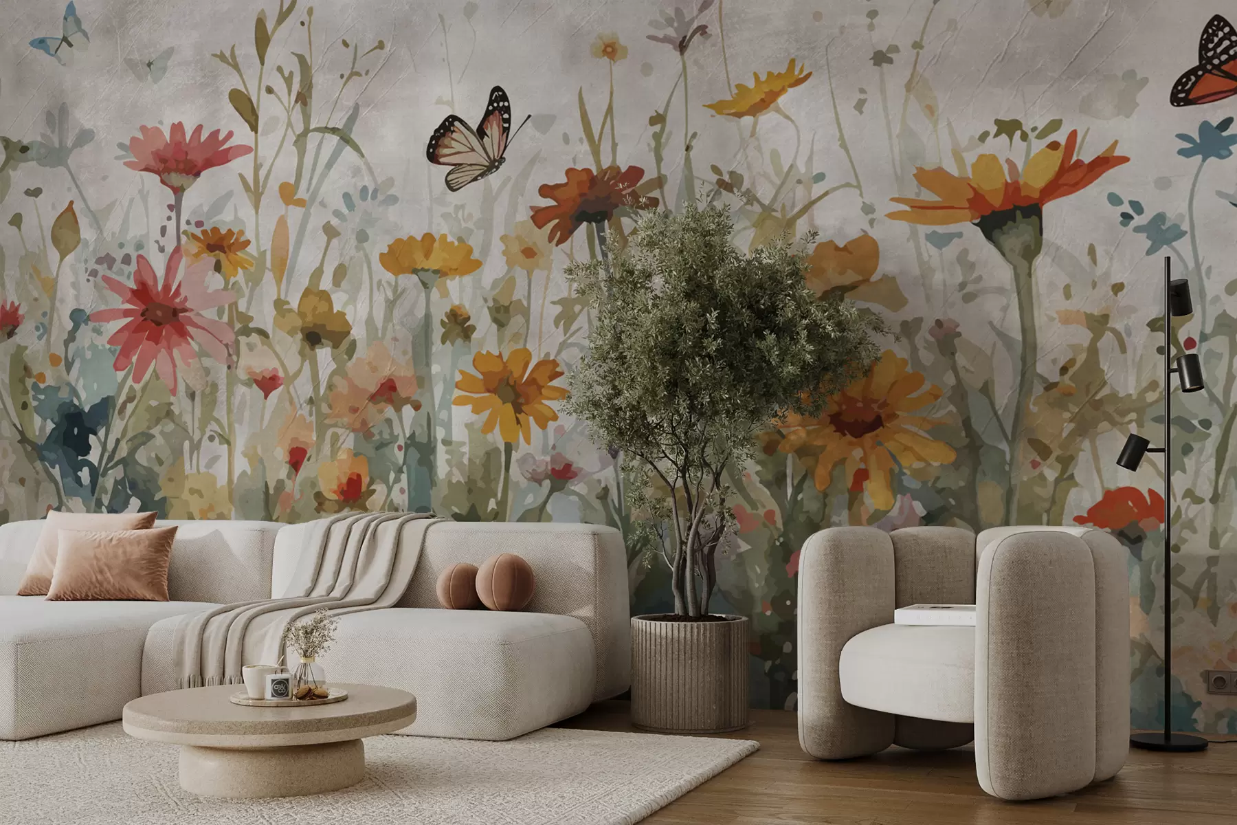peintures murales Aquarelle de fleurs sauvages et de papillons u95406