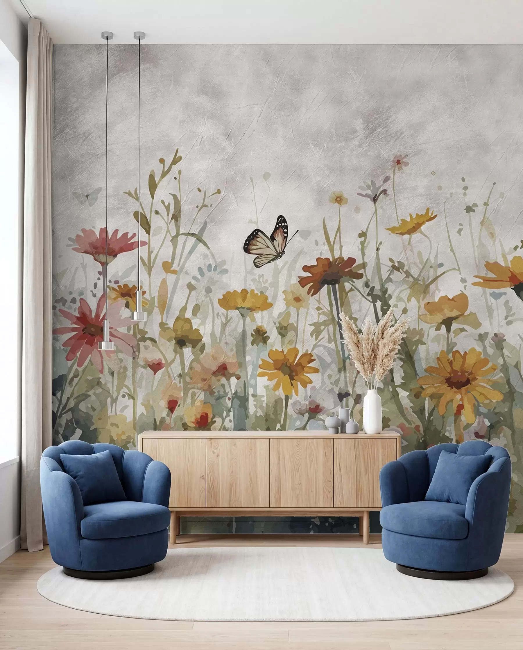 wall murals Watercolor wildflowers and butterflies u95406