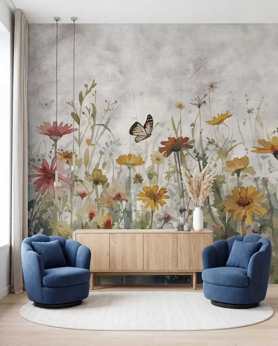 wall murals Watercolor wildflowers and butterflies u95406