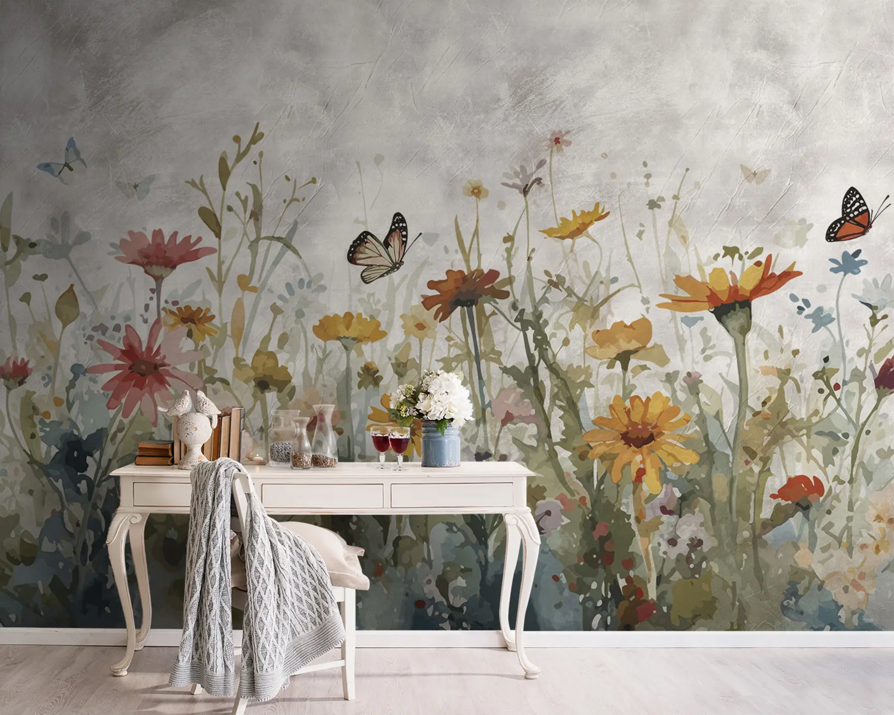 Wall Mural Photo Wallpaper Watercolor wildflowers and butterflies u95406