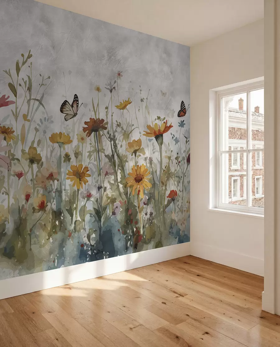 peintures murales Aquarelle de fleurs sauvages et de papillons u95406