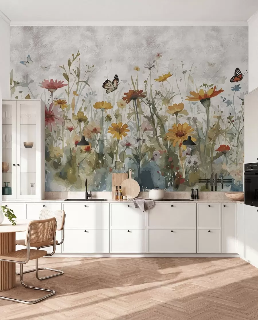 peintures murales Aquarelle de fleurs sauvages et de papillons u95406