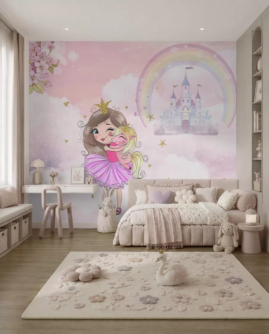 wall murals Princess and unicorn on the background of the castle with a rainbow u95401