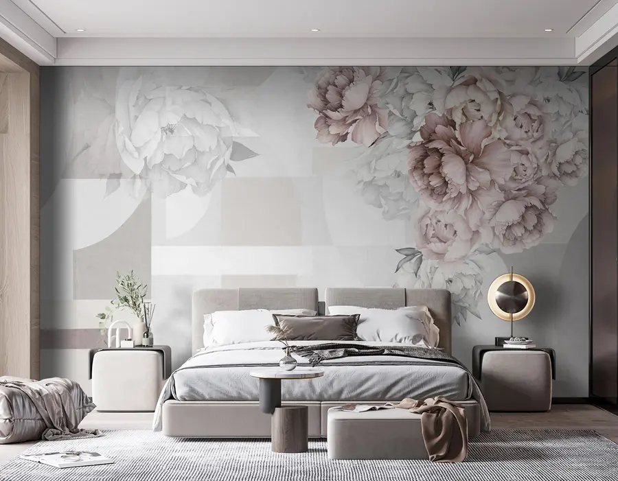 Wall Mural Photo Wallpaper Watercolor peonies in pink color with geometric background u95855